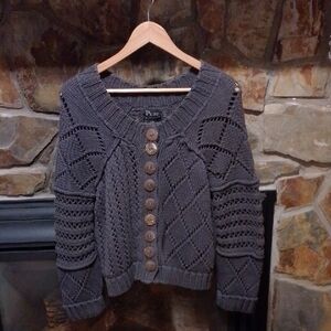 Pure Hand Knit 100% Cotton Sweater Beautiful Wooden Buttons Charcoal Gray  🩶
